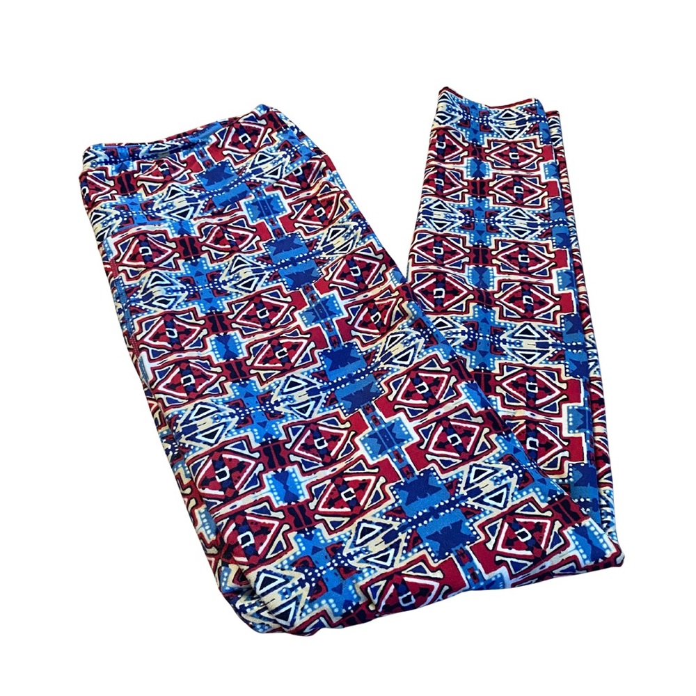 LulaRoe Tall & Curvy Leggings | Red Blue Geometric Southwestern Print | XL